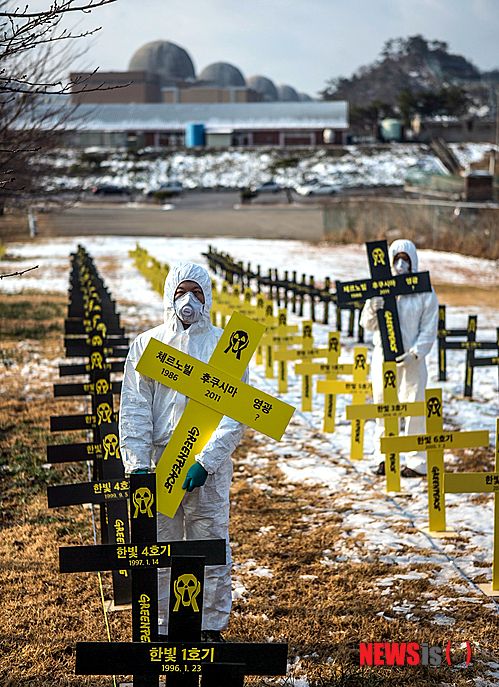 【영광=뉴시스】류형근 기자 = 국제환경단체 그린피스가 8일 오전 전남 영광군 한빛원자력발전소 앞에서 "부실자재를 사용한 한빛원전 3, 4호기 가동 중단"을 촉구하며 십자가 160개를 설치하는 퍼포먼스를 벌이고 있다. 십자가 160개는 한빛원전 1호기가 가동을 시작한 1985년부터 지금까지 한빛원전 1~6호기에서 일어난 원전 사고 및 고장 건수의 의미를 담고 있다. 2014.12.08. (사진=그린피스 제공)&nbsp; photo@newsis.com