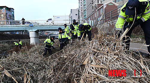 【수원=뉴시스】강종민 기자 = 11일 오후 토막시신의 일부가 든 것으로 추정되는 비닐봉지 4개가 발견된 경기 수원시 매교동 수원천을 경찰이 수색하고 있다.&nbsp; 경찰은 이날 오전 11시24분께 수원시 팔달구 매교동 수원천 매세교와 세천교 사이 작은 나무들 사이에서 인체로 보이는 살점이 든 검은색 비닐봉지 4개를 발견, 국립과학수사연구원에 감식을 의뢰했다. 2014.12.11&nbsp; ppkjm@newsis.com 