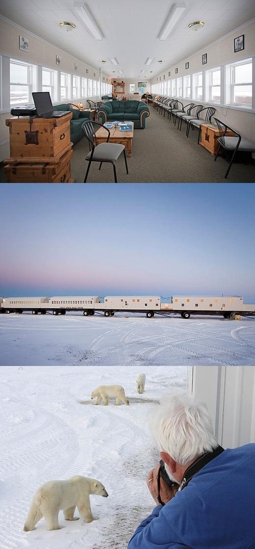 【서울=뉴시스】영화 '설국열차'(감독 봉준호)에서처럼 생활이 가능하며 설원 속의 북극곰을 구경할 수 있는 캐나다의 이동식 호텔이 화제가 되고 있다. 최근 데일리 메일 등 언론은 캐나다 매니토바주 북부 지역에서 이동하는 '툰드라 로지 롤링' 호텔에 대해 소개했다. (사진출처: 야후 여행채널)2015.01.02