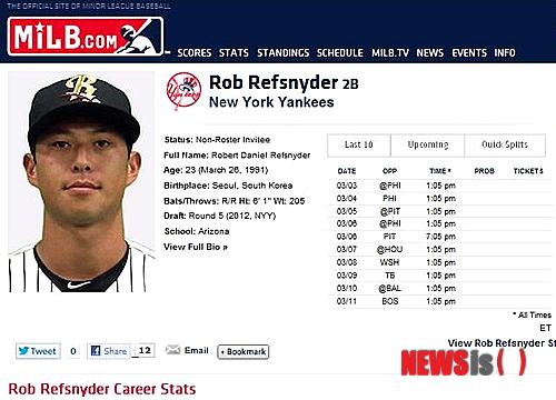 【뉴욕=뉴시스】노창현 특파원 = 한인 입양아 출신의 첫 메이저리거로 기대되는 로버트 레프스나이더(23 한국명 김정태)가 미국 언론의 스포트라이트를 받고 있다. 뉴욕 타임스와 뉴저지 레코드 등 미 언론은 레프스나이더가 올해 스프링캠프에서 양키스의 주전 2루수를 놓고 경쟁하고 있다고 앞다퉈 보도했다. 뉴욕 타임스는 지난 6일 B섹션 13면 톱기사로 “레프스나이더는 한국서 태어난 입양아로 올 시즌 양키스의 주전 2루수로 기대되는 유망주”라며 그의 성장 과정과 가족 등을 대서특필했다. 1991년 생후 5개월 때 입양된 그는 2012년 신인드래프트 5라운드에서 양키스에 지명돼 마이너리그 통산 313경기에서 높은 타율(0.297)과 출루율(0.389)을 기록하며 로빈슨 카노와 브렛 가드너의 후계자로 지목되고 있다. 2015.02.07. <사진=MLB.com> robin@newsis.com