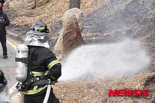 【서울=뉴시스】5일 오전 11시 07분께 서울 은평구 진관동에 위치한 일대 야산에서 원인 미상의 화재가 발생해 소방대원들이 화재진압을 하고 있다. 2015.03.05. (사진=은평소방서 제공)&nbsp; photo@newsis.com 