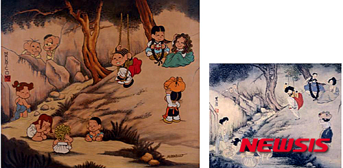 마우리시우 지 소우자 '모니카와 친구들의 목욕하는 풍경'(좌), 신윤복 '단오풍경'(우)