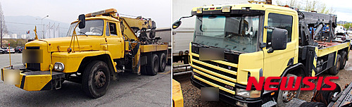 【부산=뉴시스】하경민 기자 = 부산경찰청 교통과는 8일 생산된 지 30년 이상 된 폐차 직전의 특수구난용 대형 렉카의 차체를 최신형 모델로 개조한 A(56)씨 등 대형 렉카 차주 6명과 정비업체 대표 2명, 정비업체 검사원 2명을 자동차관리법 위반 혐의로 불구속 입건했다.&nbsp; 사진은 대형 렉카의 차제 개조 전후의 모습. 2015.05.08. (사진=부산경찰청 제공)&nbsp; yulnetphoto@newsis.com