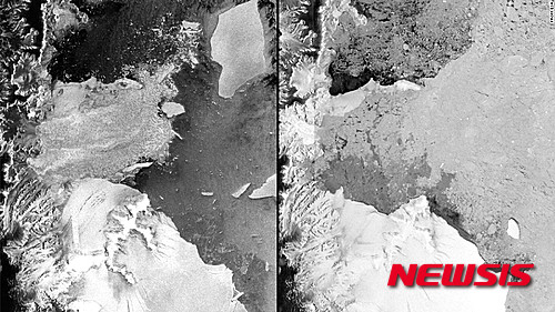 【서울=뉴시스】남극의 빙붕 붕괴 속도가 빨라지고 있다. 유럽우주기구(ESA)는 2002년(왼쪽)과 2012년(오른쪽)의 남극 빙붕 사진을 공개했다. (사진출처: CNN) 2015.05.18