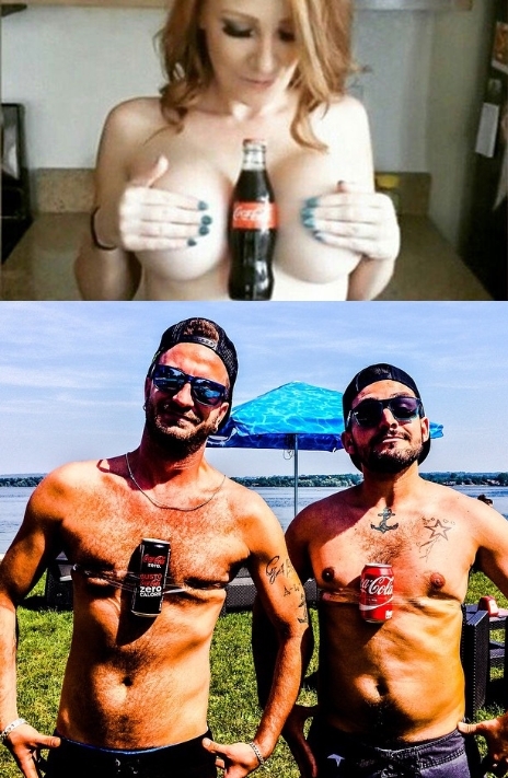 【서울=뉴시스】유방암에 따른 의식 향상을 목적으로, 가슴 사이에 콜라캔이나 병을 끼우고 찍은 인증샷을 소셜네트워크서비스(SNS)에 올리는 캠페인이 누리꾼들 사이에서 크게 번지고 있다. 최근 '가슴 사이에 콜라 끼우기 캠페인(Hold A Coke With Your Boobs challenge)'이 여성 네티즌을 중심으로 SNS에서 확산되고 심지어 일부 남자들도 동참하고 있다고 미러 등 언론이 전했다. 참가자들이 올린 사진. (사진출처: 미러) 2015.06.05&nbsp; 