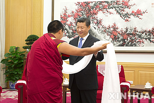 【베이징=신화/뉴시스】티베트의 정신적 지도자 달라이 라마의 80세 생일(7월6일)과 '시짱(西藏·티베트)자치구 설립 50주년 기념일(9월9일)을 앞두고 티베트인의 반발 움직임이 예상되는 가운데 중국 시진핑(習近平) 국가주석이 11대 판첸라마를 만나 