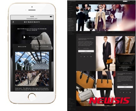 【서울=뉴시스】유희연 기자 = 버버리는 쇼에 디지털 테크놀러지를 도입, 버버리 홈페이지와 버버리 페이스북, 트위터, 인스타그램 등 온라인 플랫폼을 통해 쇼 생중계와 실시간 포스팅을 제공했다.&nbsp; lovely_jh@newsis.com 