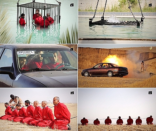 【서울=뉴시스】갈수록 잔인해지는 이슬람국가(IS)가 익사, 로켓포 발사 등 다양한 처형 수단을 보여주는 영상을 공개해 충격을 주고 있다. 23일(현지시간) IS는 자신들과 연계된 소셜네트워크(SNS) 계정을 통해 공포를 극대화하는 약 7분짜리 처형 동영상을 공개했다고 데일리 메일 등이 이날 전했다. 국제 테러 감시단체 시테(SITE)도 이 영상의 존재를 확인했다. 캡처된 사진들.(사진출처: 데일리 메일) 2015.06.24