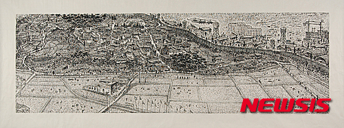 【수원=뉴시스】김경호 기자= 5일부터 11월15일까지 경기도미술관 기획전시실 A・B존과 프로젝트 갤러리에서 열리는 특별기획전 '경기 팔경과 구곡: 산·강·사람'에서 선보이는 김억의 '생명과 평화의 땅 대추리Ⅱ'.