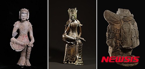 【서울=뉴시스】 (왼쪽부터) 반가사유상,산둥 성 칭저우 시 용흥사지북제北齊(550-577),석회암,높이 68cm, 너비 28cm 중국 칭저우시박물관(靑州市博物館). 반가사유상 삼국시대, 6세기 후반,금동,높이 82cm,국립중앙박물관본관2789(1912년 입수)국보 78호,가장 큰 반가사유상,경북 봉화군 북지리,신라 말-통일신라 초, 7세기 후반,화강암,높이 170cm, 연화좌 지름 75cm, 경북대학교박물관,보물 997호