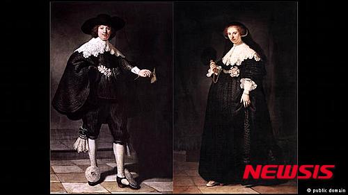 【서울=뉴시스】네덜란드 화가 렘브란트가 1634년 결혼식을 앞둔 예비부부 마르텐 솔만스와 오프옌 코피트를 각각 그린 실물 크기의 초상화. 네덜란드 정부와 프랑스 정부가 네덜란드 화가 렘브란트가 그린 초상화 2점을 공동으로 구매하기로 했다. 예트 부세마커 네덜란드 문화장관이 지난달 30일(현지시간) 현재 프랑스 로스차일드 가문이 소유한 이 그림들을 프랑스 정부와 8000만 유로씩 1억6000만 유로(약 2120억원)에 공동 구매해 프랑스 루브르 박물관과 네덜란드 국립미술관에서 순회 전시할 것이라고 밝혔다. (사진 출처: 독일 방송 도이체벨레 인터넷판) 2015.10.01