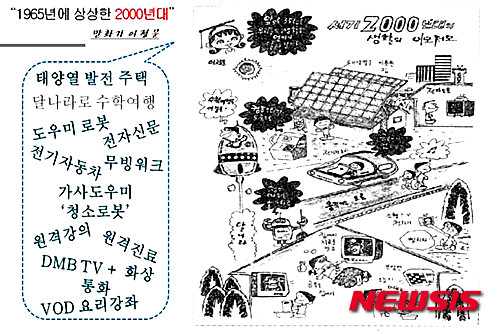 【나주=뉴시스】이창우 기자 = 8일 공개된 1965년에 상상했던 2000년 미래의 모습을 담은 만화가 이정문 화백의 작품이 흥미를 끌고 있다. 이 작품은 오는 12일 한국전력이 광주 김대중컨벤션센터에서 세계 최초로 여는 전력분야 엑스포인 '빛가람 국제 전력기술 엑스포(BIXPO 2015, Bitgaram International Exposition of Electric Technology·빅스포)'에서 공개된다. 당시 이 화백이 상상한 만화 속에 등장하는 태양광 발전주택, 도우미 로봇, 전자신문, 전기자동차, 무빙워크(moving walk·자동화된 보행자 이동장치) 등은 놀랍게도 적중했다. 2015.10.08 (이미지=한국전력 제공) lcw@newsis.com