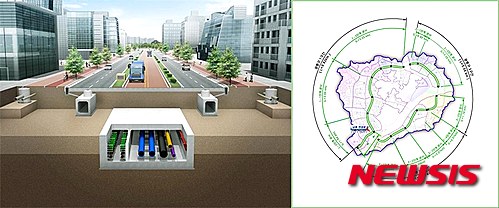 ▲행정중심복합도시 공동구의 구조물 공사 설치예시도(왼쪽)과 공동구 설치공사 현황도.