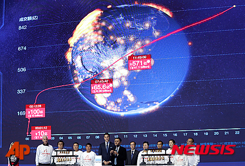 【베이징=AP/뉴시스】'중국판 블랙프라이데이'로 불리는 중국 최대 쇼핑행사 '광군제'(光棍節)인 11일 중국 최대 전자상거래 업체 알리바바가 912억 위안(약16조 4980억원)의 매출을 올린 것으로 알려진 가운데 마윈 알리바바 회장이