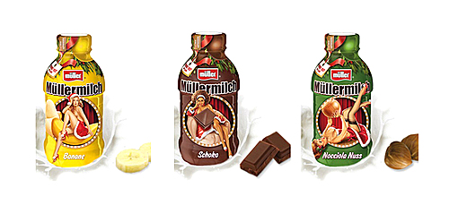 【서울=뉴시스】강지혜 기자 = 독일의 유명 우유업체 '뮐러'의 우유병 포장. '핀업걸(pin-up girl)' 그림과 함께 초콜릿맛 우유에는 흑인 여성, 바나나맛 우유에는 금발의 여성 이미지를 사용해 성차별과 인종차별이라는 비판을 동시에 받고 있다. (사진 출처 = 데일리 메일) 2015.11.13.