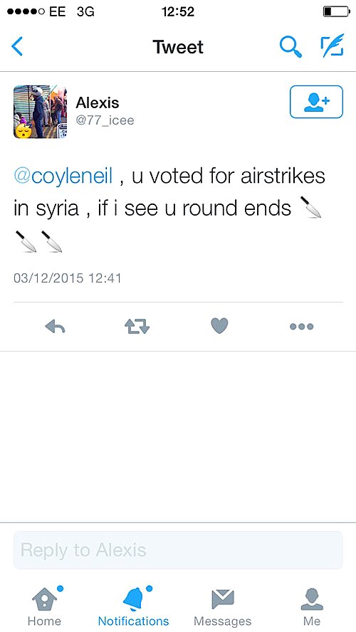 【서울=뉴시스】시리아 공습안을 통과시킨 영국 하원의 네일 콜 의원이 살해 가능성을 암시하는 협박을 받았다. (사진출처: 텔레그래프) 2015.12.04