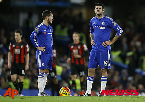 Chelsea's Diego Costa, right, and Eden Hazard stand after Bournemouth scored a goal during the English Premier League soccer match between Chelsea and AFC Bournemouth at Stamford Bridge stadium in London, Saturday, Dec. 5, 2015. (AP Photo/Kirsty Wigglesworth) 