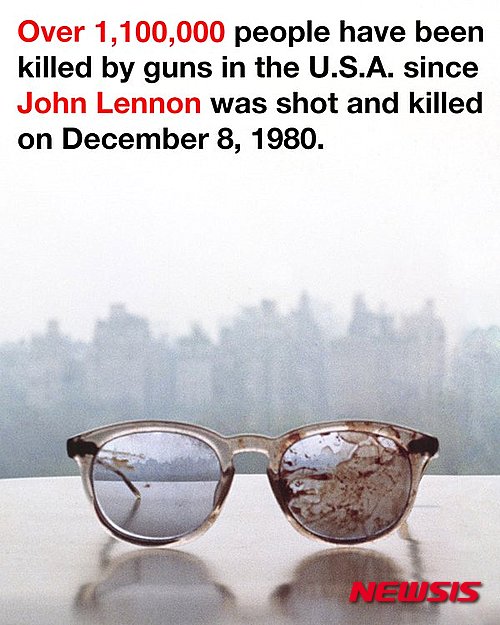 【서울=뉴시스】존 레논의 부인 오노 요코가 8일(현지시간) 레논 35주기를 맞아 트위터에 올린 메시지. 레논 사후 35년간 미국에서만 110만명 이상이 총에 맞아 사망했다며 총기 규제의 필요성을 제기했다. <사진출처:오노요코 트위터>2015.12.09
