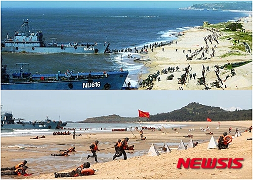 【서울=뉴시스】중국군이 내년 1월 대만 총통 선거를 목전에 두고 푸젠성 해안에서 대규모 상륙훈련을 실시했다고 홍콩 언론이 24일 보도했다. 사진은 상륙훈련 모습. <사진출처:쥔왕>2015.12.24