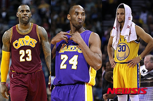 【AP=뉴시스】미국프로농구(NBA)에서 뛰고 있는 르브론 제임스(왼쪽), 코비 브라이언트(가운데), 스테픈 커리. 2015.12.25.