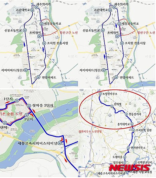 ▲세종시 시내버스 조정 노선도 111번(왼쪽 위), 112번(오른쪽 위), 602번(왼쪽 아래), 991번(오른쪽 아래) 노선도.