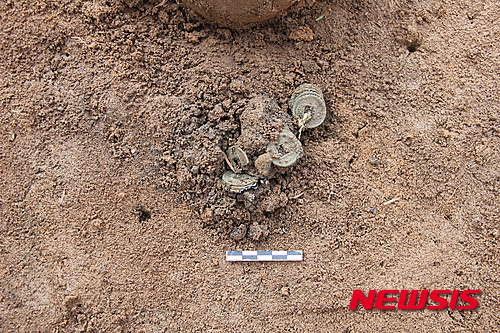  【서울=뉴시스】신진아 기자 = 광주 복룡동 유적 토광묘(웅무덤)에서 중국 신나라 화폐(화천) 꾸러기가 출토됐다. 화천이 무덤에서 꾸러미로 확인된 우리나라 최초 사례다.&nbsp;&nbsp; 문화재청의 허가를 받아 재단법인 동북아지석묘연구소가 광주 송정1교-나주시계의 도로확장공사구간 ‘광주 복룡동 유적’ 발굴조사를 했다. 그 결과 중국 신나라(新 8~23년) 화폐인 ‘화천(貨泉)’이 우리나라 최초로 무덤에서 꾸러미로 출토됐다.&nbsp; 기원후 14년에 처음으로 주조된 화천은 후한 광무제가 ‘오수전(五銖錢)’으로 화폐를 통합한 기원후 40년까지 통용된 화폐다. 정확한 주조연대를 알 수 있고 통용 시기가 한정돼 유적의 연대를 추정할 수 있는 중요한 자료다.&nbsp; 이번 조사에서는 청동기 시대 주거지와 초기철기 시대 토광묘, 수혈유구 등 총 95기의 유구가 확인됐다. 화천이 출토된 1호 토광묘는 길이 210㎝, 너비 82㎝, 잔존 깊이 10㎝의 장방형(긴 네모꼴) 평면 형태이다.&nbsp; 화천 꾸러미는 한쪽에 치우쳐 단경호(短頸壺; 짧은목항아리) 1점, 청색 유리옥 78점과 함께 발견됐다. 대부분의 화천은 지름이 2.2~2.3㎝이지만 2.6㎝인 다른 종류의 화폐도 있다.&nbsp; 화천이 무덤에서 꾸러미(50여 점)로 출토된 사례는 우리나라에서는 이번이 처음이다. 기존까지 우리나라에서 발견된 화천은 총 19점으로, 주로 조개더미 등 생활 관련 유적에서 소량으로만 확인됐다.&nbsp; 화천 출토 유적을 살펴보면 제주 산지항 11점, 제주 종달리 조개더미 1점, 제주 금성리 조개더미 2점, 김해 회현리 조개더미 1점, 해남 군곡리 조개더미 1점, 나주 복암리 랑동 유물포함층(저습지 추정) 2점, 신안 해저침몰선 1점 등이다.&nbsp; 중국 신나라 화폐인 화천은 영산강 유역과 남해안 지역, 제주 등 한정된 지역에서 출토되고 있다는 점에서, 당시 중국과 직접 교역을 했던 정치집단이 서남부 지역에 형성됐다고 볼 수 있다. 초기철기 시대의 이러한 거점지역은 남해안과 영산강의 해상 교역로를 따라 해남 군곡리, 나주 복암리, 광주 신창동·복룡동 일대에 형성됐을 것으로 추정된다.&nbsp; 한편 1호 토광묘에서 남서쪽으로 25m 정도 떨어진 2호 토광묘에서는 초기 철기 시대 경질무문장란형(硬質無文長卵形) 토기 1점, 점토띠토기 1점, 완형(盌形; 사발 모양)토기 1점, 쇠낫 1점이 확인됐다. 2호 토광묘의 평면형태도 길이 204㎝, 너비 87㎝, 깊이 22㎝ 정도의 장방형이다.&nbsp; 한편 광주 복룡동 유적 발굴조사는 29일까지 진행될 예정이다.&nbsp; jashin@newsis.com