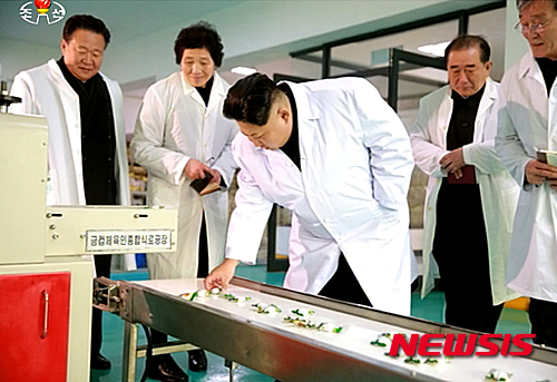 【서울=뉴시스】 김정은 북한 국방위원회 제1위원장이 금컵체육인종합식료공장을 현지지도했다며 조선중앙TV가 23일 보도했다. 이날 현지지도엔 최룡해 노동당 비서와 안정수 당 경공업부 부장, 조용원 당 조직지도부 부부장, 김 위원장의 여동생인 김여정 당 선전선동부 부부장이 수행했다. 2016.01.24. (사진=조선중앙TV 캡쳐) photo@newsis.com 