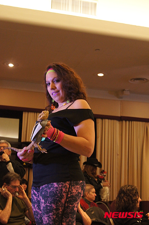 【뉴욕=뉴시스】노창현 특파원 = 뉴욕패션위크 행사가 한창인 맨해튼에서 11일 '뉴욕 동물 패션쇼(New York Pet Fashion Show)'가 열려 이채를 띄었다. 동물들의 패션쇼는 주인이나 전문 모델이 의상과 치렁치렁한 악세사릴를 착용한 동물을 안거나 전용유모차에 태워 워킹하며 포즈를 취해 주었다. 모델들은 강아지들이 대부분이고 고양이도 있었지만 가끔 닭과 새, 도마뱀도 등장해 웃음을 안겨주었다. 이 행사는 버림받은 유기 동물들을 입양시키고 유기센터의 발전기금을 위해 열리고 있다. 2016.02.13. <사진=Newsroh.com 제공>&nbsp; robin@newsis.com 