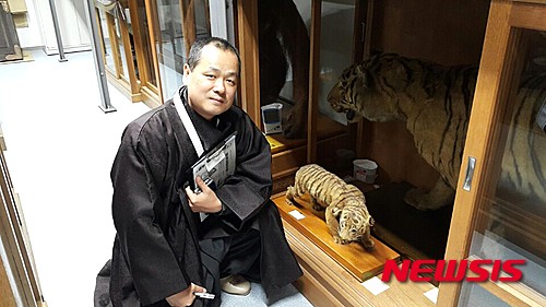 【뉴욕=뉴시스】노창현 특파원 = 일제가 멸종시킨 조선호랑이의 표본을 환수하는 작업이 민간에서 펼쳐지고 있다. 문화재제자리찾기 혜문 대표는 22일 "일본 기업가 야마모토 타다사부로(山本唯三郎)가 1917년 야마모토 정호군을 구성, 대대적인 사냥을 벌였을 때 포획한 호랑이 표본을 교토 도지샤(同志社)중학교에서 확인했다"며 "호랑이 표본을 기증형식으로 되돌려줄 것을 요청했다"고 밝혔다. 야마모토가 사냥한 호랑이는 2마리였는데, 모두 표본으로 만들어져 하나는 황태자에게 기증되었고, 또 하나는 모교인 쿄토 도지샤 대학에 기증된 것으로 알려졌다. 야마모토의 조선 호랑이 사냥은 현재 개봉중인 영화 '대호'의 모티브가 된 것이기도 하다. 2016.02.22. <사진=문화재제자리찾기 제공>&nbsp; robin@newsis.com