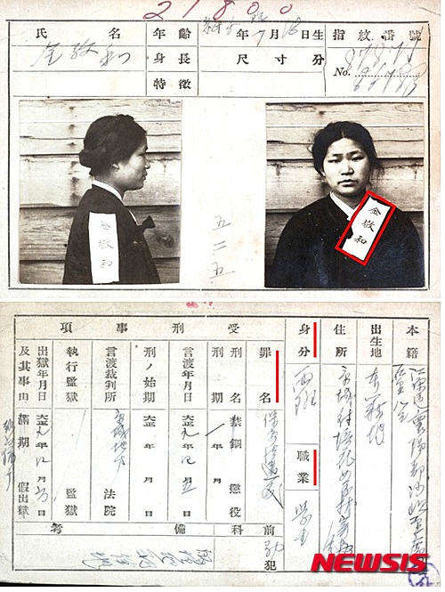 【서울=뉴시스】행정자치부 국가기록원은 3·1운동에 참여한 여성 독립운동가들의 활약 내용을 담은 '여성독립운동사 자료총서(3.1운동편)'를 발간했다. 사진은 이 책자에 수록된 김경화 애국지사의 수형기록카드. 2016.02.28. (사진= 국가기록원 제공)