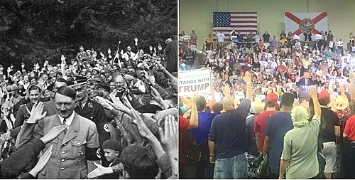 【서울=뉴시스】미국 공화당 대선 경선 레이스를 휩쓴 '트럼프 돌풍'이 독일 나치 독재자 아돌프 히틀러의 재림을 연상시킨다는 지적이 잇달고 있다. 사진은 1930년대 히틀러의 모습(왼)과 최근 트럼프 후보의 유세현장을 비교한 것. <출처: 트위터> 2016.3.7.
