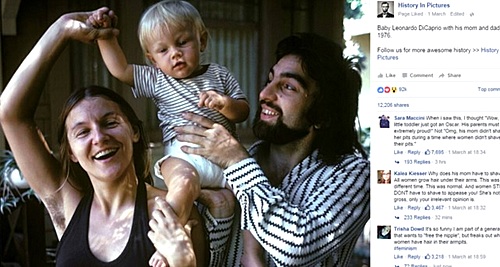 【서울=뉴시스】사진 속에서 리어나도 디캐프리오 부모가 아기 디캐프리오를 들어올리며 즐거워 하고 있다. 1976년에 찍은 이 사진은 디캐프리오가 지난달 29일 제88회 아카데미(오스카) 시상식에서 오스카 남우주연상을 받은 뒤 이틀 후에 ‘사진 속 역사’(History in Pictures)란 페이스북 페이지에 게시됐다. 1만2000명 이상이 공유했으며, 10만 명 이상이 ‘좋아요’(Like)를 누른 이 사진에 대해 일부 네티즌들은 디캐프리오의 어머니 이멜린의 겨드랑이 털에 집중, 악플을 달았다. (사진: 영국 BBC트렌딩) 2016.03.08.