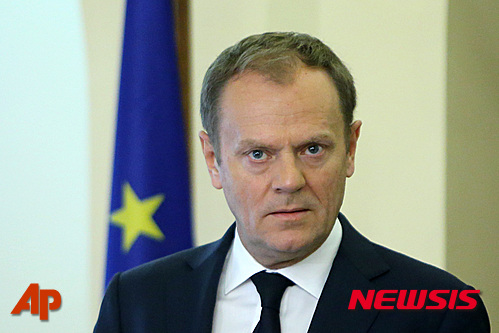 European Council President Donald Tusk, speaks to the media after a meeting with Cyprus' President Nicos Anastasiades at the Presidential Palace in ethnically divided island's capital Nicosia on Tuesday, March 15, 2016. Tusk is in Cyprus to sound out the Cypriot president on unblocking Turkey's EU accession negotiations in order to clinch a sought-after deal with Ankara on stemming the flow of migrants into the continent. (AP Photo/Petros Karadjias, pool)