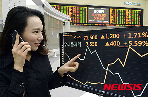 【서울=뉴시스】최진석 기자 = 20대 총선 야당의 약진으로 문재인, 안철수 테마주가 일제히 급등한 14일 오후 서울 영등포구 여의도 한국거래소 모니터에 안랩과 우리들제약의 종가가 보이고 있다. 2016.04.14. myjs@newsis.com