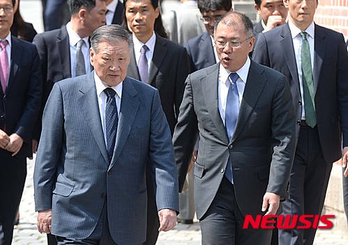 【서울=뉴시스】고승민 기자 = 정몽구 현대자동차그룹 회장과 정의선 부회장이 15일 오후 서울 명동성당에서 열린 정 회장 장녀 정성이 이노션 고문의 아들 선동욱 씨와 채 부회장 딸 채수연 씨의 결혼식에서 기념촬영을 위해 이동하고 있다. 2016.04.15.&nbsp; kkssmm99@newsis.com