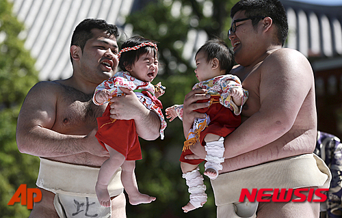 【도쿄=AP/뉴시스】일본 도쿄의 한 절에서 29일 두 명의 아기가 대학생 스모 선수들에게 안겨 '누가 누가 잘 우나' 경기를 하고 있다.2016.04.29