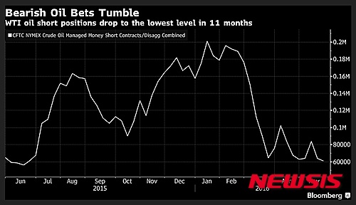 【서울=뉴시스】30일(현지시간) 블룸버그 통신은 미국 상품선물거래위원회(CFTC)의 집계를 인용해 유가 하락에 베팅하던 공매도 투가 세력의 숏(공매도) 포지션이 11개월 최저 수준을 기록했다고 보도했다. (자료 출처 = 블룸버그) 2016.05.31