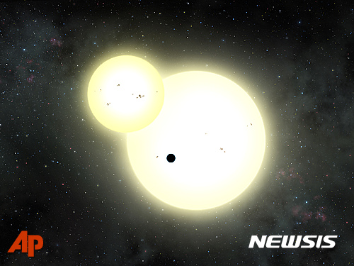 【 AP/뉴시스】미국 과학자들이 지구로부터 약 3700광년 떨어진 우주공간에서 태양과 같은 중심별을 두 개 가지고 있는 최대 행성을 발견했다고 13일(현지시간) 학계에 보고했다. 이 별은 케플러-1647b로 명명됐으며, 지금까지 학계에 태양이 두개 있는 행성으로 보고 된 것 중 최대 규모이다.사진은 두 개의 태양 주변을 도는 케플러-1647b(검은색 점) 상상도. 2016.06.14&nbsp; 