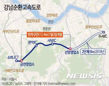 【서울=뉴시스】안지혜 기자 = 20일 서울시는 금천구 시흥동~서초구 우면동을 잇는 서울 강남순환도로 민자구간 등 13.8㎞가 7월3일 개통한다고 밝혔다.&nbsp;&nbsp; hokma@newsis.com
