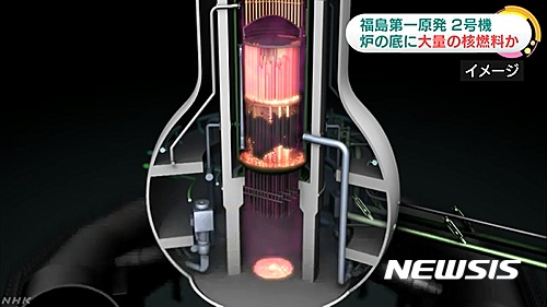 【서울=뉴시스】일본 후쿠시마(福島) 제1 원전의 2호기 원자로 바닥에 다량의 핵연료가 고여있을 가능성이 30일 제기됐다. 사진은 원자로 내부의 모습을 설명하기 위한 이미지로, 노심용융으로 핵연료가 녹아내려 원자로 바닥에 떨어지는 모습이다. (사진출처: NHK) 2016.06.30. 