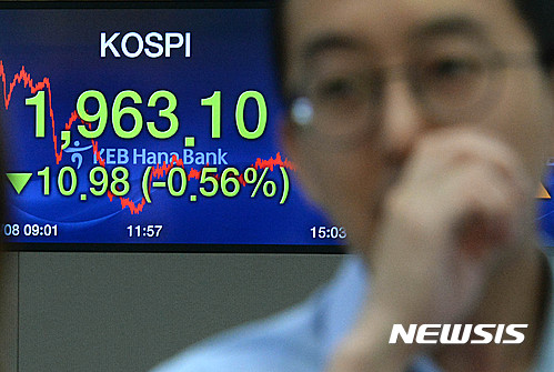 【서울=뉴시스】 박문호 기자 = 주한미군 고고도 미사일방어체계 사드(THAAD) 배치 소식이 악재로 작용하며 코스피 지수가 전일대비 10.98포인트(0.56%) 떨어진 1963.10으로 마감한 8일 오후 서울 중구 을지로 명동 KEB하나은행 딜링룸에서 직원들이 이야기를 나누고 있다. 원·달러 환율은 7.2원 오른 1,161.8원으로 마감했다. 2016.07.08.&nbsp; go2@newsis.com