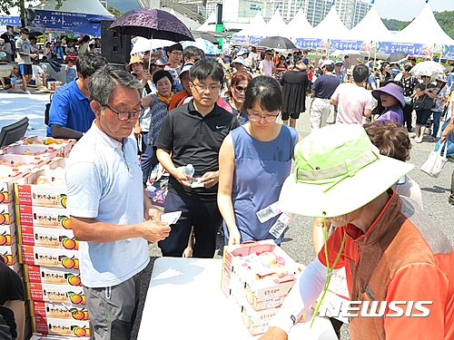 【옥천=뉴시스】이성기 기자 = 24일 오전 충북 옥천에서 열린 '10회 향수옥천 포도·복숭아 축제' 포도·복숭아 반값 할인 판매장에 복숭아 등을 사려는 사람들이 길게 줄을 서 있다.2016.07.24(사진=옥천군 제공) sklee@newsis.com