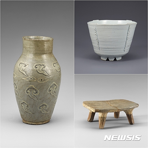 【서울=뉴시스】왼쪽부터 시계방향으로 황금눈 구름무늬 준모양 제기(粉靑沙器象嵌黃目雲文尊形祭器), 조선 14세기 후반~15세기 전반, 높이 30.9㎝. 궤(白磁簋), 조선 17세기, 높이 16.4㎝, 덕수 6100. 연꽃무늬 조(粉靑沙器陰刻蓮花文俎), 조선 15세기, 높이 9㎝ 