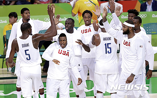 United States' Kevin Durant (5) celebrates with teammates during a basketball game against Venezuela at the 2016 Summer Olympics in Rio de Janeiro, Brazil, Monday, Aug. 8, 2016. (AP Photo/Charlie Neibergall)