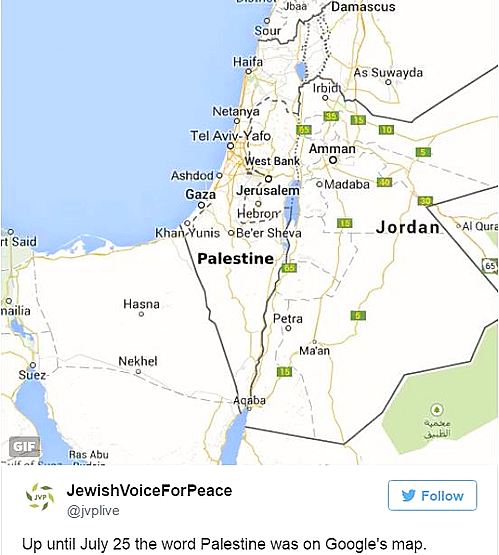 【서울=뉴시스】구글이 지역정보 검색 서비스 구글맵에서 '팔레스타인' 표기를 삭제했다는 주장이 제기됐다. 한 시민 단체는 지난 7월 25일까지 구글맵에 팔레스타인이라는 단어가 있었지만, 이후 구글이 이를 없애고 이스라엘 표기만 남겼다고 주장했다.사진은 7월 25일 이전의 구글맵 화면을 캡처한 것으로 팔레스타인 표기가 있다. 그러나 구글 측은 애초에 팔레스타인 영토를 표시한 적이 없다고 반박했다. 또한 이 사진은 조작된 이미지라고 지적했다. (사진 출처 = 트위터 @jvplive 캡쳐) 2016.08.12.