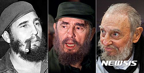 【아바나=AP/뉴시스】피델 카스트로 전 국가평의회 의장이 13일(현지시간) 90세 생일을 맞는다. 왼쪽 사진은 1961년 4월29일 아바나에서 담배 피는 모습, 가운데 사진은 2000년 4월6일 미국 워싱턴에서 기자회견하던 당시 모습,오른쪽은 지난 2월13일 자택에서 촬영한 모습이다. 2016.08.12