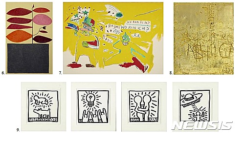 【서울=뉴시스】6. 조나스 우드,무제 (갈색톤 위에 빨강과 분홍), 2009 리넨(마섬유) 에 유채 190.5 x 122 cm 추정가: HK$1,000,000 – 1,500,000 /,KR₩145,000,000 – 217,500,000 7. 유사쿠 마에자와컬렉션,장 미쉘 바스키아 (1960-1988) 보병대, 1983 캔버스에 아크릴,165 x 230.5 cm,추정가: HK$30,000,000 – 40,000,000 /,KR₩4,350,000,000 – 5,800,000,000 8. 루돌프 스팅겔,무제, 2012, 아연을 씌운 동,120 x 100.3 cm,추정가: HK$6,200,000 – 9,200,000,KR₩899,000,000 – 1,334,000,000 9. 데이비드 라샤펠컬렉션, 키스 해링 (1958-1990), 무제 (23점 세트), 1982,종이에 마커 펜,각 22.7 x 21.5 cm 추정가: HK$4,500,000 – 6,000,000,KR₩652,500,000 – 870,000,000