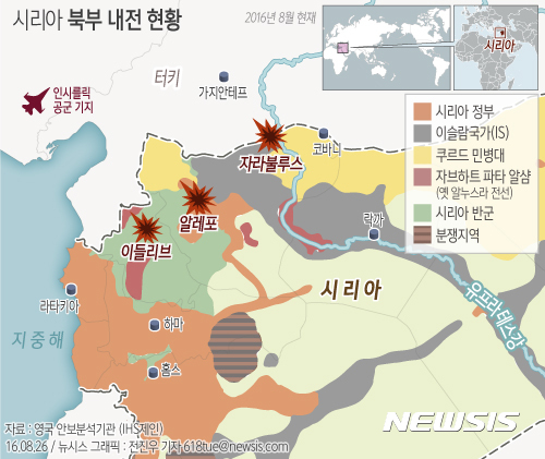 【서울=뉴시스】 시리아 북부 내전 현황. 자료:미국 싱크탱크 연구소