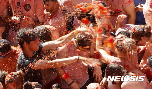 【뷰뇰=AP/뉴시스】2016년 8월 31일 스페인 뷰뇰에서 세계 최대 토마토 던지기 축제인 '라 토마티나'가 진행되고 있다. 2017.8.29.