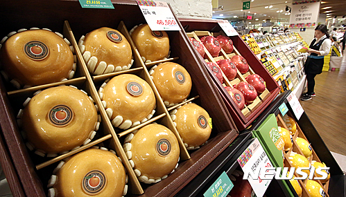 【서울=뉴시스】 국민권익위가 25일 추석 선물 관련 김영란법 궁금증을 소개했다. 사진은 김영란법 시행을 3주 정도 앞둔 지난해 9월 5일 한 백화점에서 5만원대 추석 선물 세트를 진열된 모습. photo@newsis.com